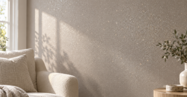 Fine glitter catches daylight on a pale taupe accent wall beside a cream chair and wooden side table.
