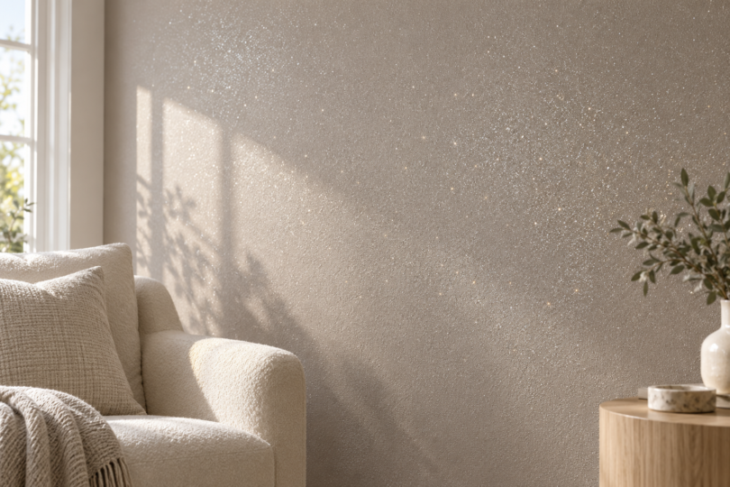 Fine glitter catches daylight on a pale taupe accent wall beside a cream chair and wooden side table.