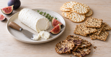 Goat cheese, figs and three styles of crackers arranged on a wooden table.