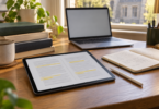 Generic tablet showing a highlighted document beside a stylus, open notebook, books, and a laptop.