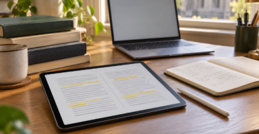 Generic tablet showing a highlighted document beside a stylus, open notebook, books, and a laptop.