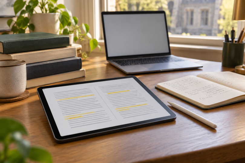 Generic tablet showing a highlighted document beside a stylus, open notebook, books, and a laptop.
