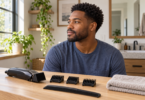 Illustration of a Black man with short natural hair beside a dry counter with an unbranded clipper, attachment guards and comb