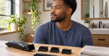 Illustration of a Black man with short natural hair beside a dry counter with an unbranded clipper, attachment guards and comb