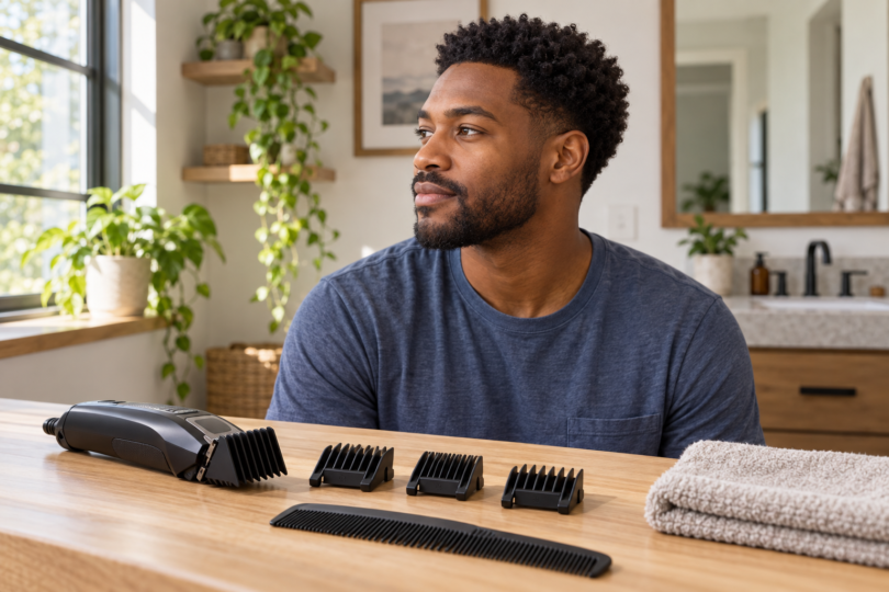 Illustration of a Black man with short natural hair beside a dry counter with an unbranded clipper, attachment guards and comb