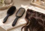 Two unbranded brushes, one with closed loops and one with soft bristles, beside a dark brown clip-in hair-extension weft on a cream towel.
