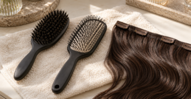 Two unbranded brushes, one with closed loops and one with soft bristles, beside a dark brown clip-in hair-extension weft on a cream towel.