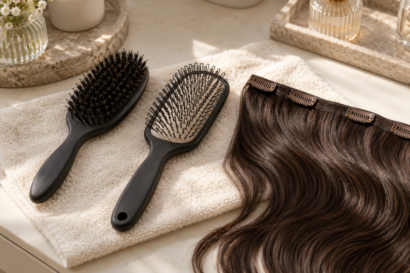 Two unbranded brushes, one with closed loops and one with soft bristles, beside a dark brown clip-in hair-extension weft on a cream towel.