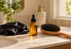 An unlabeled amber dropper bottle of golden oil beside a wooden brush and black satin fabric on a cream bathroom counter.