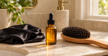 An unlabeled amber dropper bottle of golden oil beside a wooden brush and black satin fabric on a cream bathroom counter.