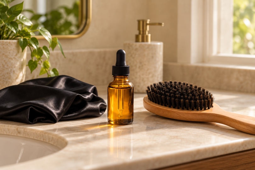 An unlabeled amber dropper bottle of golden oil beside a wooden brush and black satin fabric on a cream bathroom counter.