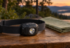 A generic dark outdoor headlamp with an elastic band resting on a wooden table at dusk.