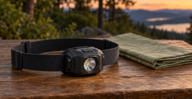 A generic dark outdoor headlamp with an elastic band resting on a wooden table at dusk.