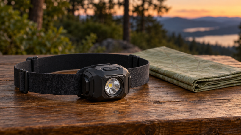 A generic dark outdoor headlamp with an elastic band resting on a wooden table at dusk.