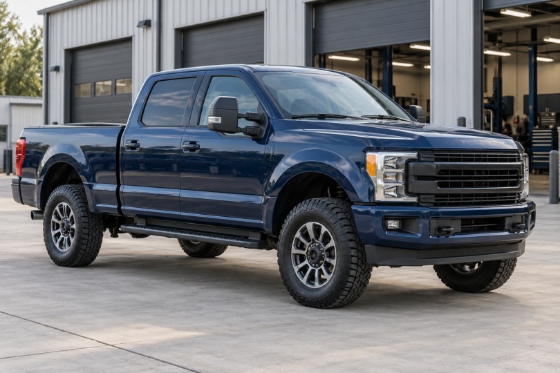 A dark blue crew-cab pickup parked on level concrete outside an automotive workshop.