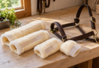 Four cream fleece wrap pads beside a brown leather horse halter on a wooden bench.