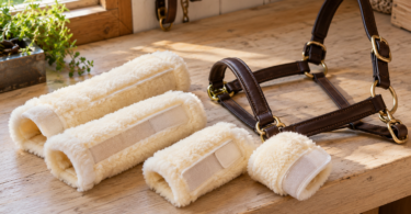 Four cream fleece wrap pads beside a brown leather horse halter on a wooden bench.
