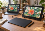 An unbranded screenless pen tablet and stylus sit on a wooden desk beside a pen display and laptop showing a botanical illustration.