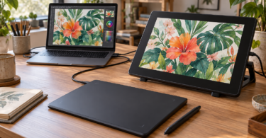 An unbranded screenless pen tablet and stylus sit on a wooden desk beside a pen display and laptop showing a botanical illustration.
