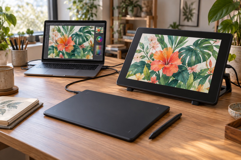An unbranded screenless pen tablet and stylus sit on a wooden desk beside a pen display and laptop showing a botanical illustration.