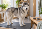 Siberian husky on a grooming mat beside a pin brush, slicker brush and metal comb