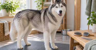 Siberian husky on a grooming mat beside a pin brush, slicker brush and metal comb