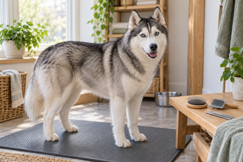 Siberian husky on a grooming mat beside a pin brush, slicker brush and metal comb