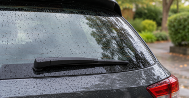 A black rear wiper rests on a rain-speckled SUV window.