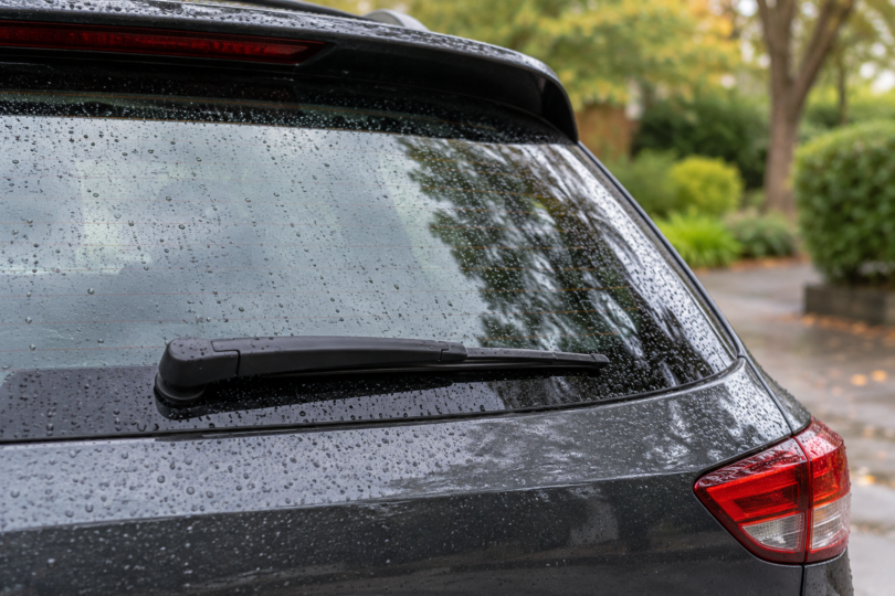A black rear wiper rests on a rain-speckled SUV window.