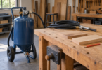 A generic blue wheeled blasting tank sits beside a workbench with a coiled hose, idle nozzle, unfinished wood samples and pencil.