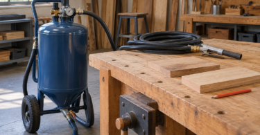 A generic blue wheeled blasting tank sits beside a workbench with a coiled hose, idle nozzle, unfinished wood samples and pencil.