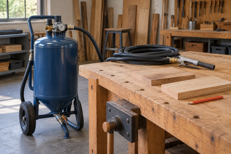 A generic blue wheeled blasting tank sits beside a workbench with a coiled hose, idle nozzle, unfinished wood samples and pencil.