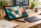 A generic drawing display shows teal and coral abstract artwork beside a screenless drawing pad, black stylus and open sketchbook on a wooden desk.