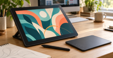 A generic drawing display shows teal and coral abstract artwork beside a screenless drawing pad, black stylus and open sketchbook on a wooden desk.