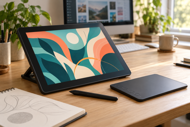 A generic drawing display shows teal and coral abstract artwork beside a screenless drawing pad, black stylus and open sketchbook on a wooden desk.