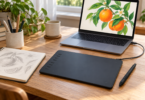 An unbranded screenless pen tablet and stylus connect to a laptop displaying oranges and leaves, beside a sketchbook and pencil cup on a wooden desk.