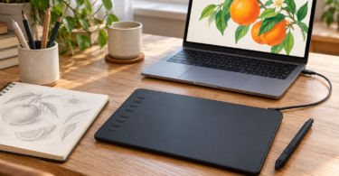 An unbranded screenless pen tablet and stylus connect to a laptop displaying oranges and leaves, beside a sketchbook and pencil cup on a wooden desk.