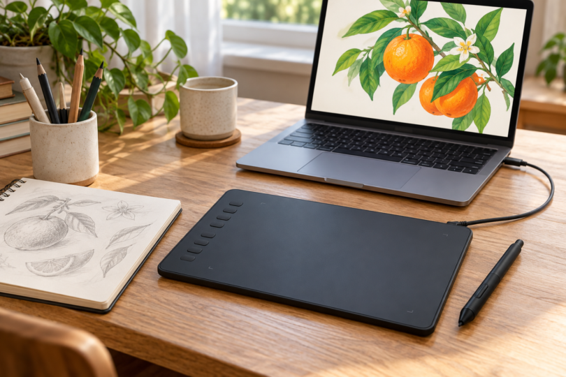 An unbranded screenless pen tablet and stylus connect to a laptop displaying oranges and leaves, beside a sketchbook and pencil cup on a wooden desk.