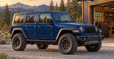 Illustration of a blue four-door off-road SUV parked on level gravel beside a workshop