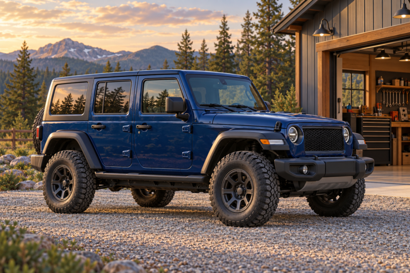Illustration of a blue four-door off-road SUV parked on level gravel beside a workshop