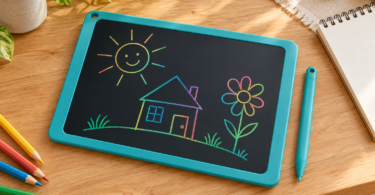 A generic teal doodle tablet shows colorful line drawings of a sun, house and flower beside a matching stylus and colored pencils on a wooden table.