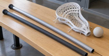 Two unbranded silver and charcoal lacrosse shafts beside a detached white mesh head and a white ball on a wooden bench