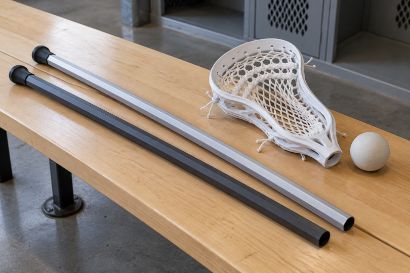 Two unbranded silver and charcoal lacrosse shafts beside a detached white mesh head and a white ball on a wooden bench