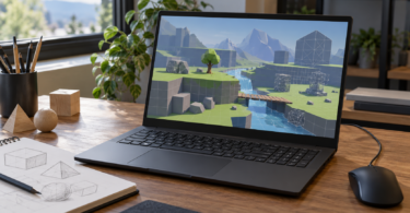 An unbranded laptop showing a fictional low-poly landscape beside a mouse and a sketchbook.