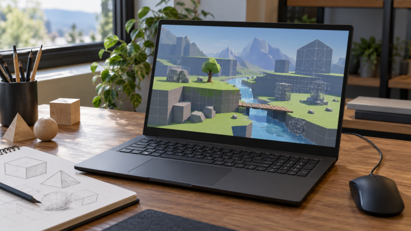 An unbranded laptop showing a fictional low-poly landscape beside a mouse and a sketchbook.
