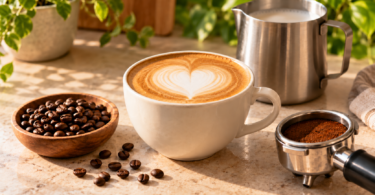 A ceramic latte cup with heart-shaped foam beside roasted coffee beans, a milk pitcher and a portafilter on a kitchen counter.