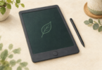 Illustration of a generic LCD writing board showing a simple leaf doodle beside a stylus.