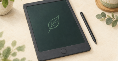 Illustration of a generic LCD writing board showing a simple leaf doodle beside a stylus.