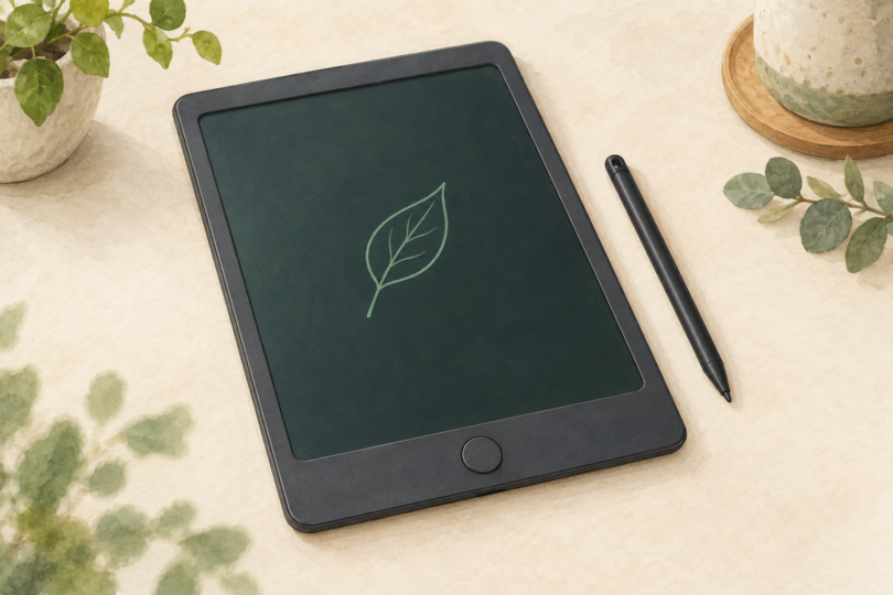 Illustration of a generic LCD writing board showing a simple leaf doodle beside a stylus.