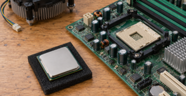 A generic desktop processor on a black foam pad beside an older motherboard and a separate CPU cooler.